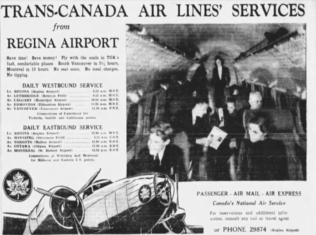 A newspaper clipping with the heading "Trans-Canada Airlines' Services from Regina Airport, with a photo of an aircraft cabin, a TCA plane, and the schedule. 