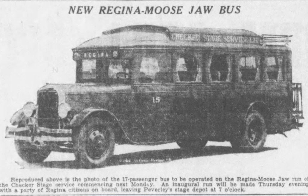 A picture of an old bus with the caption "New Regina-Moose Jaw Bus" as seen in the Regina Leader-Post on June 18, 1931.