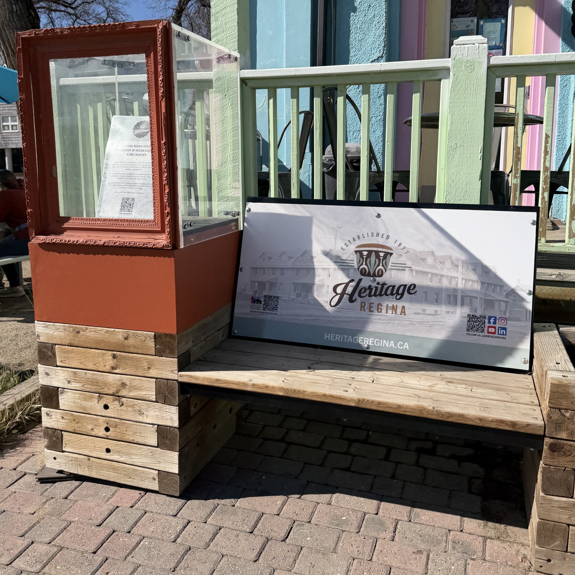 Close-up of the Cathedral Heritage Regina Story Bench.